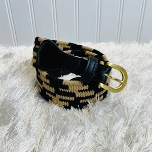 Braided Cotton Black Tan Belt Black Faux leather Gold  Buckle Small? 34" long